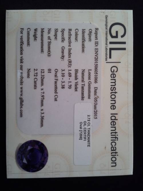 2.72Ct GiL Certified Natural Tanzanite, Bluish Violet, Oval facetted Cut.  Please see pictures.